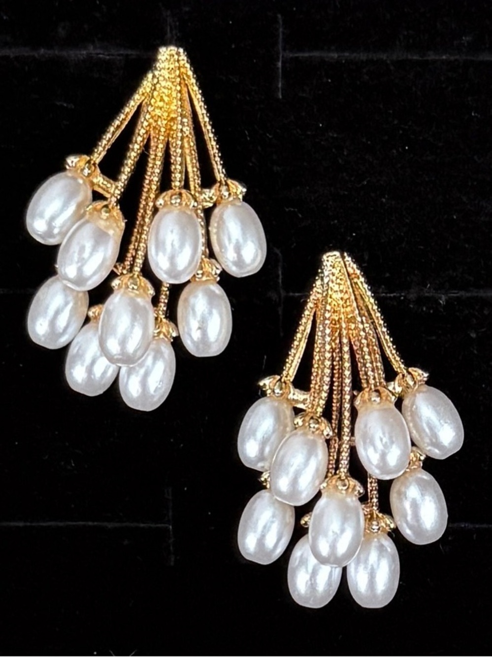 Vintage Faux Pearl Cluster Dangle Gold Tone Pierced Earrings